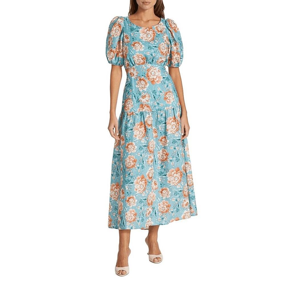 Kivari Josette Lace-Up Back Midi-Dress in Blue Floral Size US 4 $349 - Picture 2 of 14